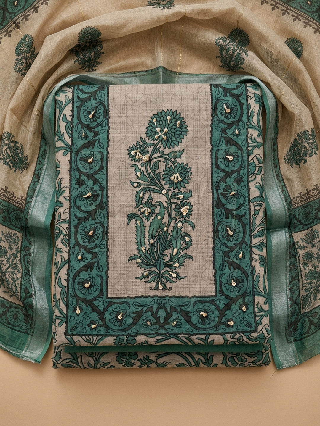 Rama Green Printed Linen Blend Unstitched Dress Material