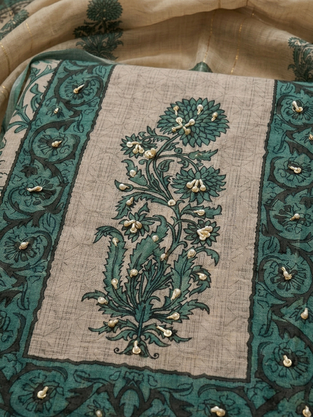 Rama Green Printed Linen Blend Unstitched Dress Material