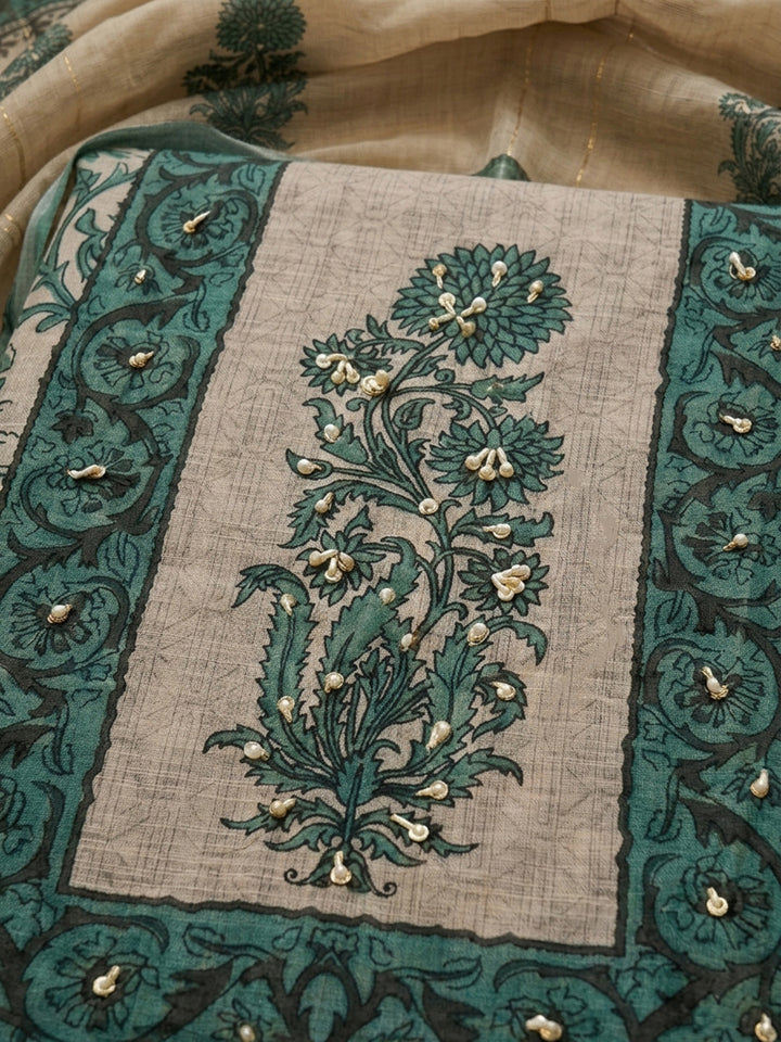 Rama Green Printed Linen Blend Unstitched Dress Material