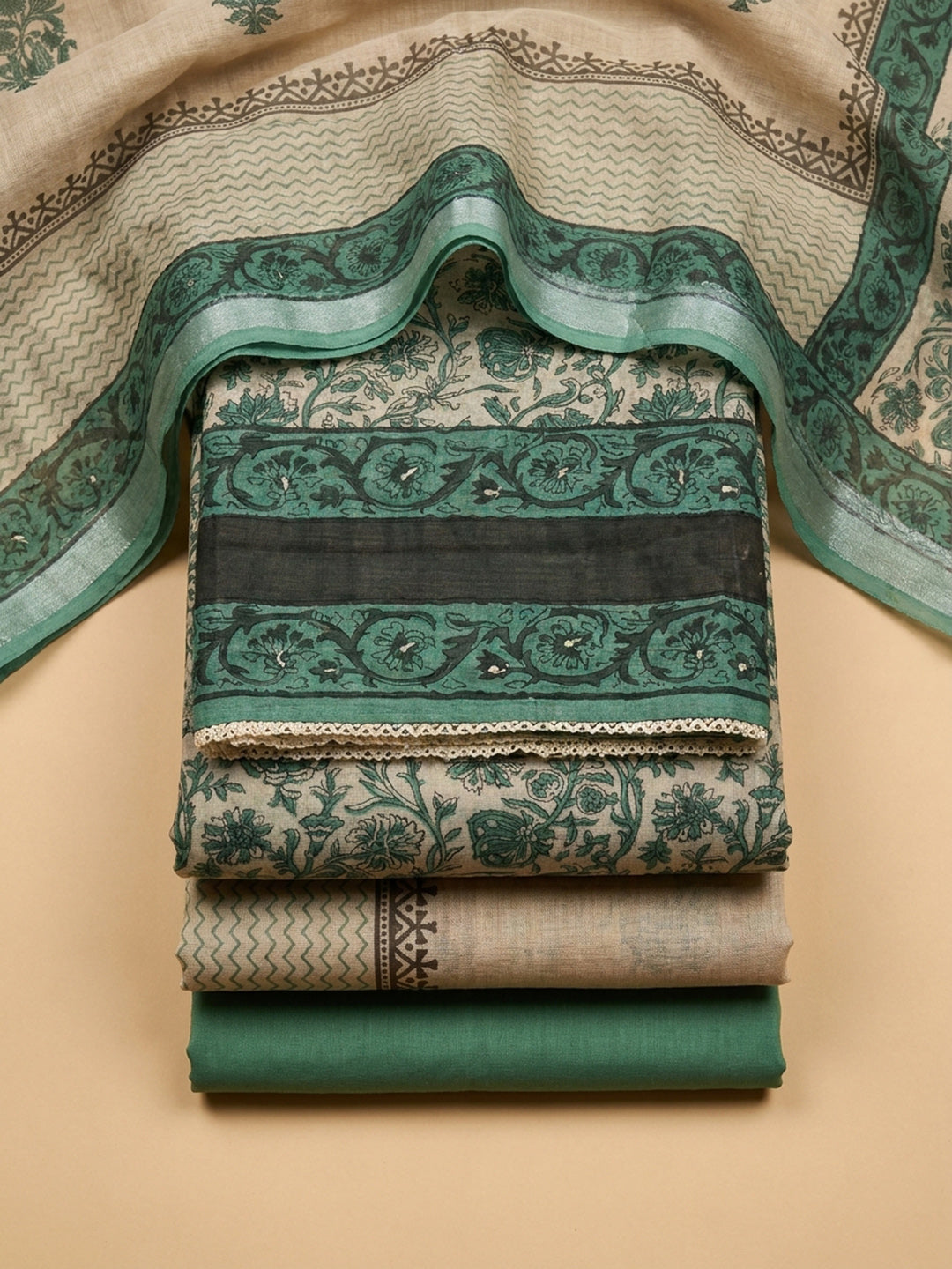 Rama Green Printed Linen Blend Unstitched Dress Material