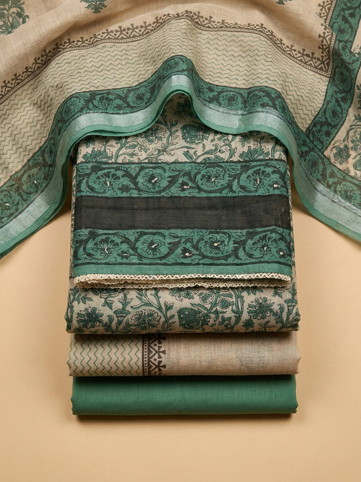 Rama Green Printed Linen Blend Unstitched Dress Material