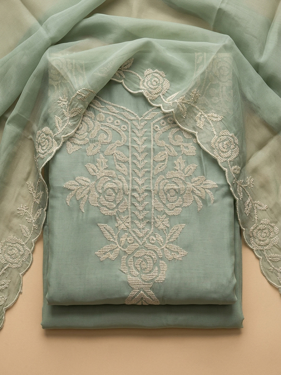 Aqua Green Embroidered Chanderi Unstitched Suit &amp; Pant With Chanderi Dupatta