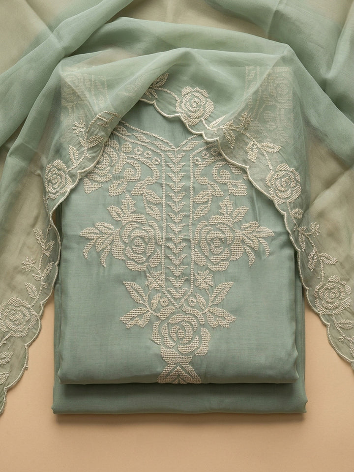 Aqua Green Embroidered Chanderi Unstitched Suit &amp; Pant With Chanderi Dupatta