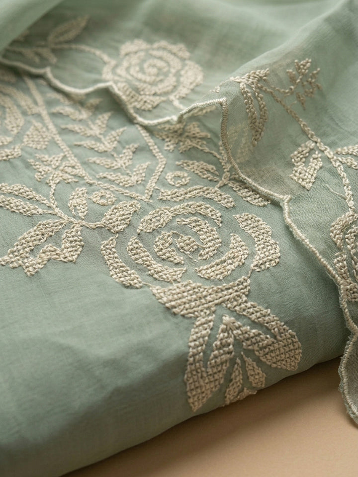 Aqua Green Embroidered Chanderi Unstitched Suit &amp; Pant With Chanderi Dupatta