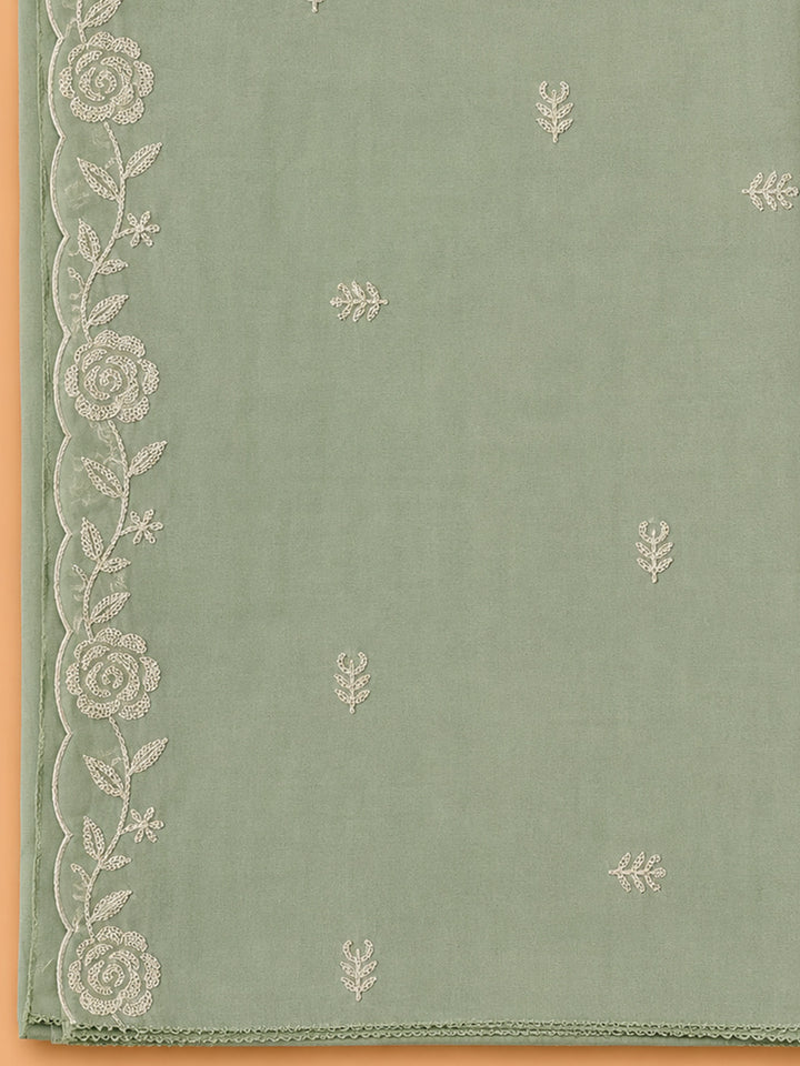 Aqua Green Embroidered Chanderi Unstitched Suit &amp; Pant With Chanderi Dupatta