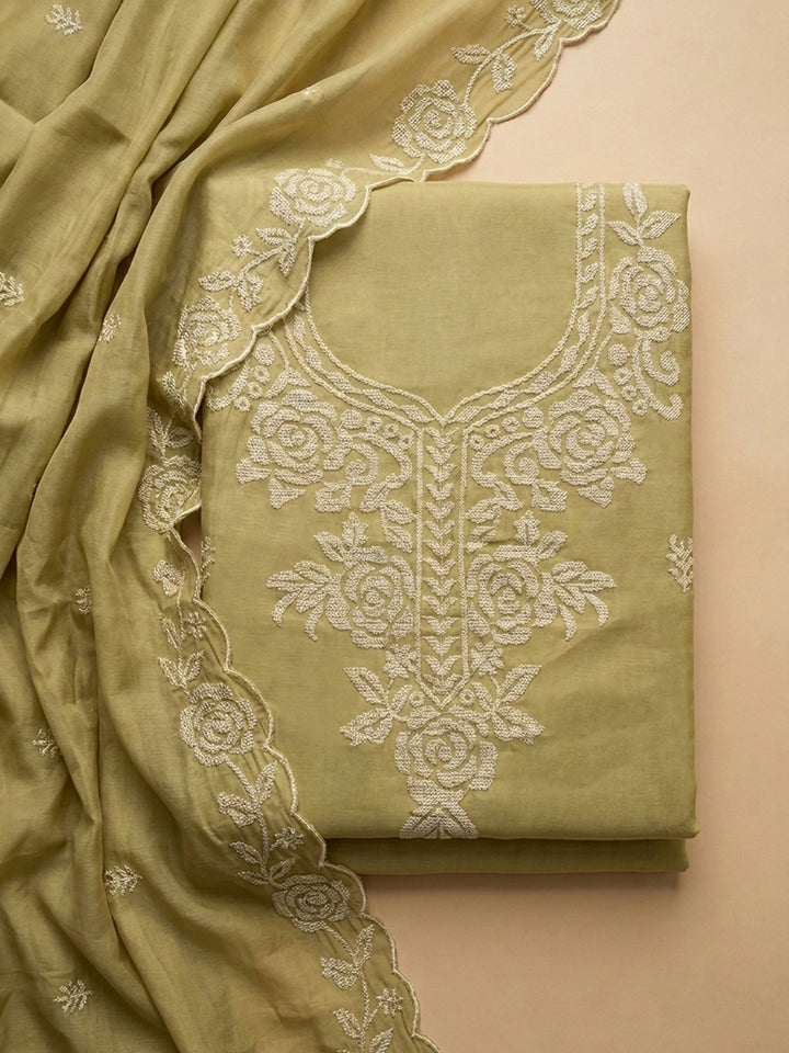 Mustard Embroidered Chanderi Unstitched Suit &amp; Pant With Chanderi Dupatta
