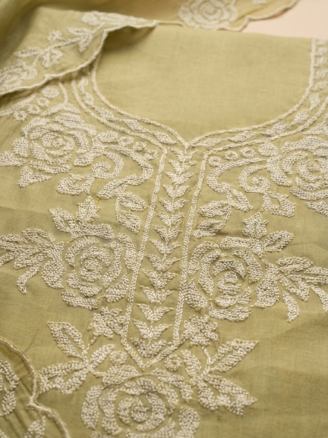 Mustard Embroidered Chanderi Unstitched Suit &amp; Pant With Chanderi Dupatta