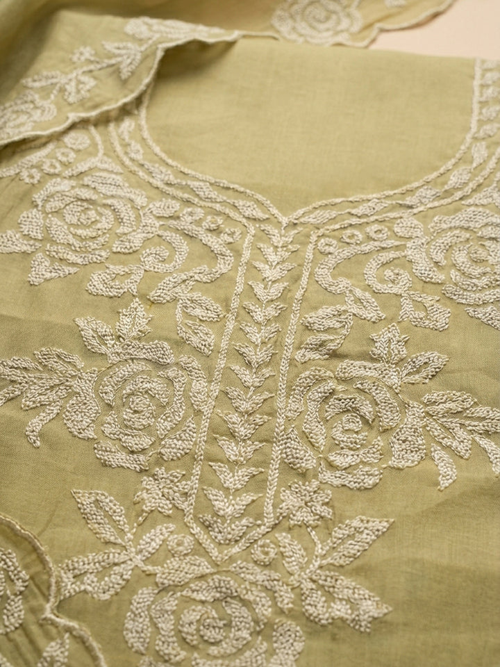 Mustard Embroidered Chanderi Unstitched Suit &amp; Pant With Chanderi Dupatta