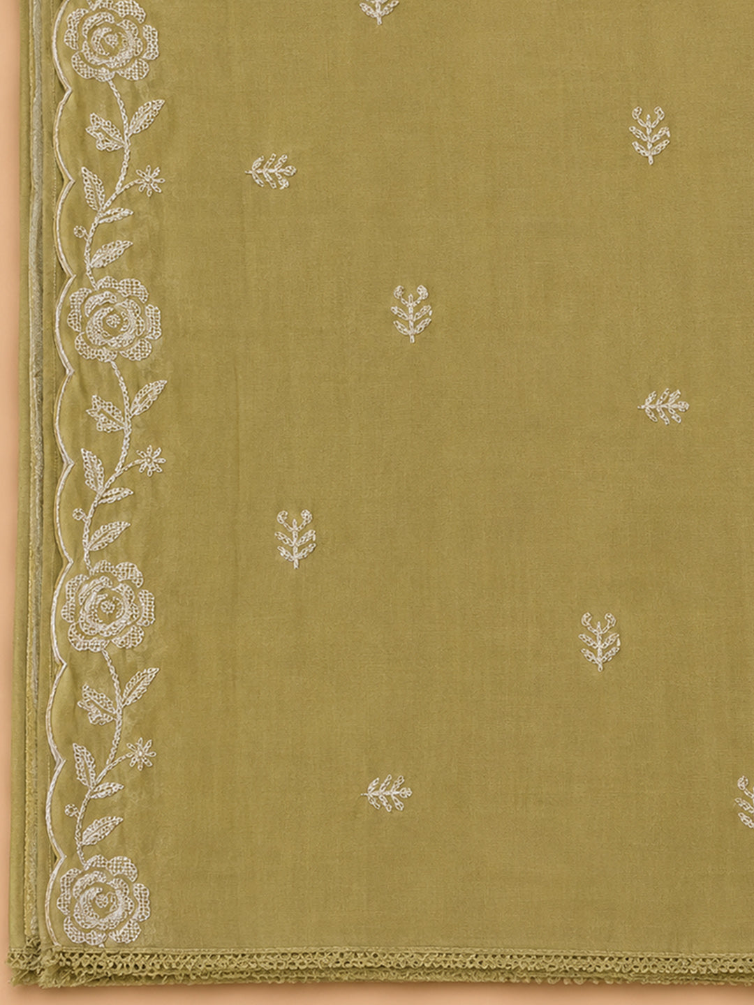 Mustard Embroidered Chanderi Unstitched Suit &amp; Pant With Chanderi Dupatta