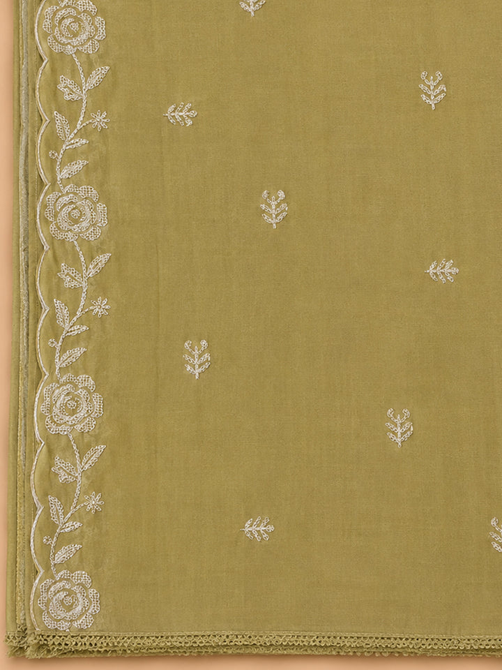 Mustard Embroidered Chanderi Unstitched Suit &amp; Pant With Chanderi Dupatta