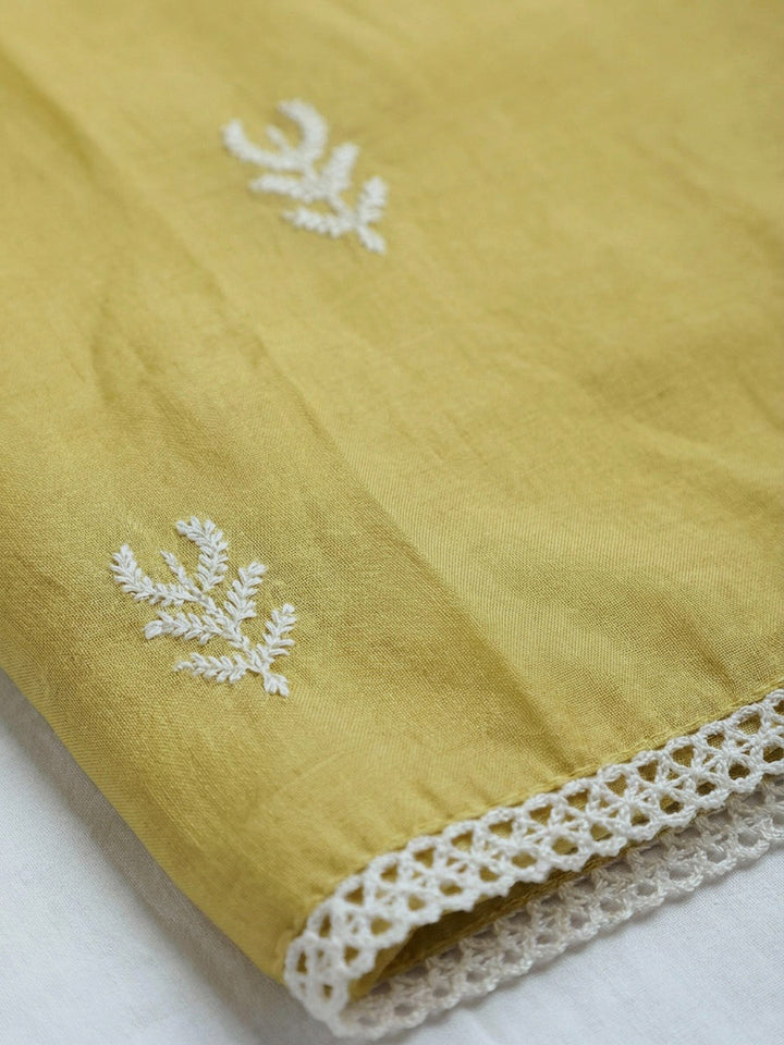 Mustard Embroidered Chanderi Unstitched Suit &amp; Pant With Chanderi Dupatta