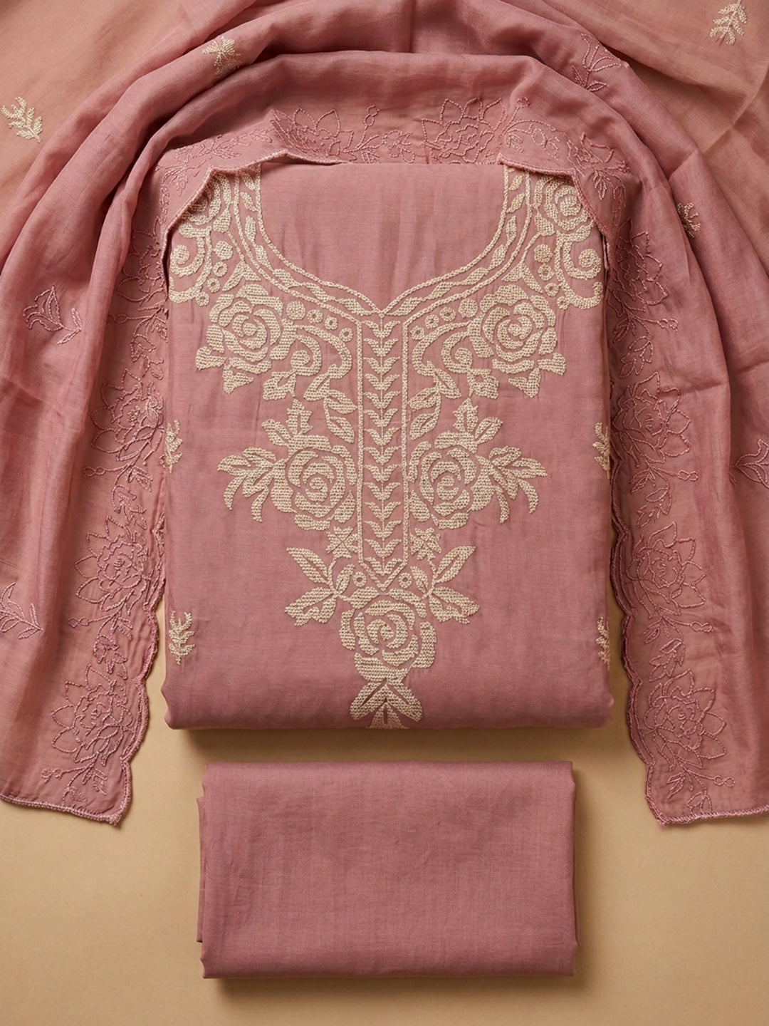 Peach Embroidered Chanderi Unstitched Suit &amp; Pant With Chanderi Dupatta