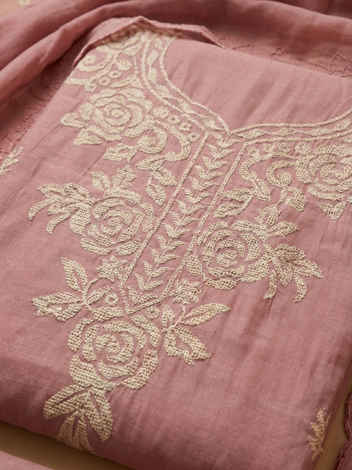Peach Embroidered Chanderi Unstitched Suit &amp; Pant With Chanderi Dupatta