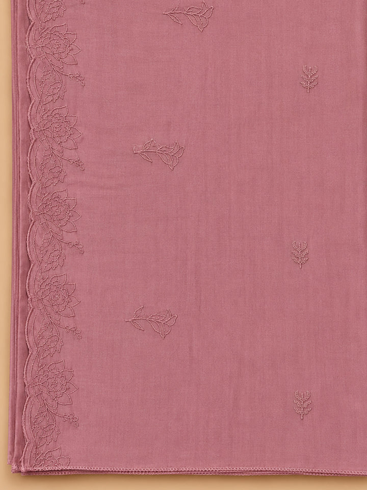Peach Embroidered Chanderi Unstitched Suit &amp; Pant With Chanderi Dupatta