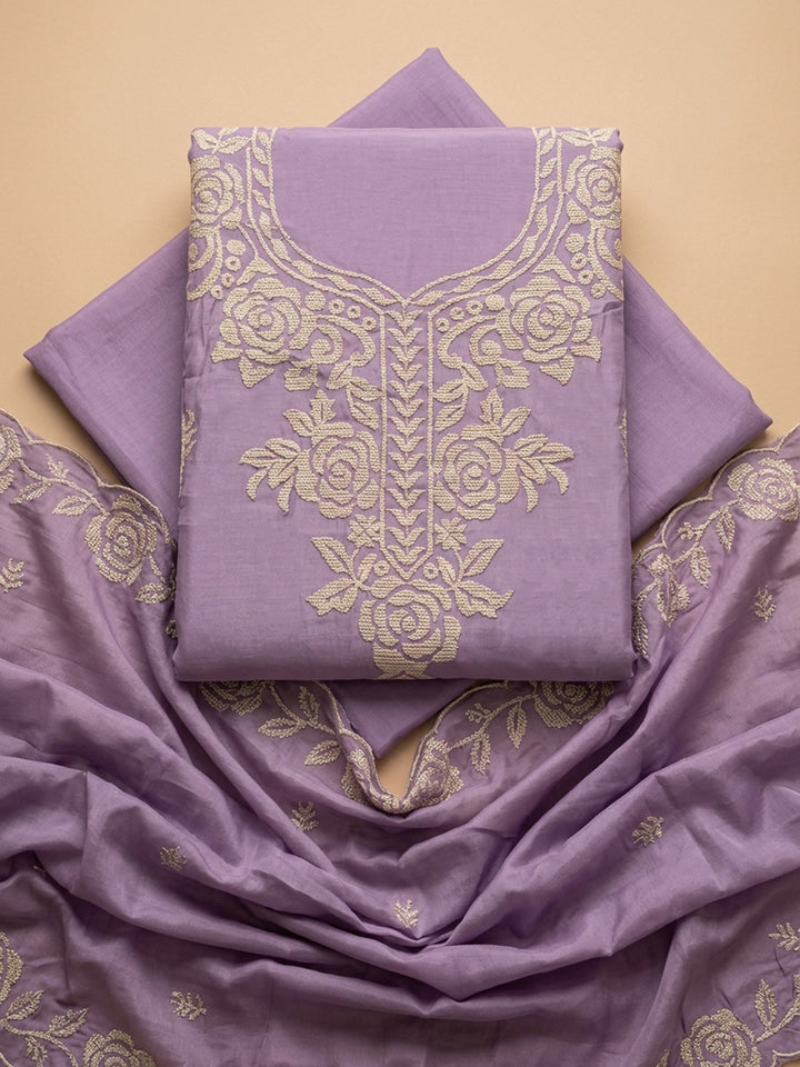 Purple Embroidered Chanderi Unstitched Suit &amp; Pant With Chanderi Dupatta