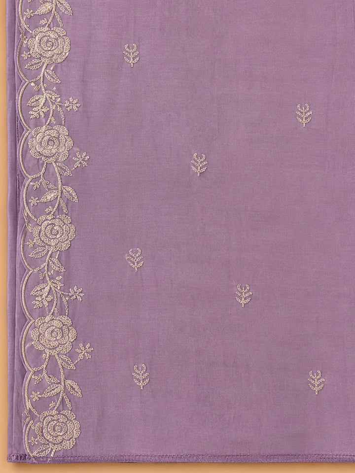 Purple Embroidered Chanderi Unstitched Suit &amp; Pant With Chanderi Dupatta