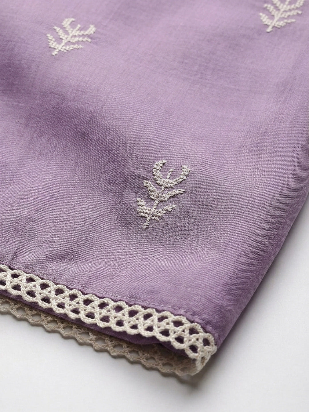 Purple Embroidered Chanderi Unstitched Suit &amp; Pant With Chanderi Dupatta