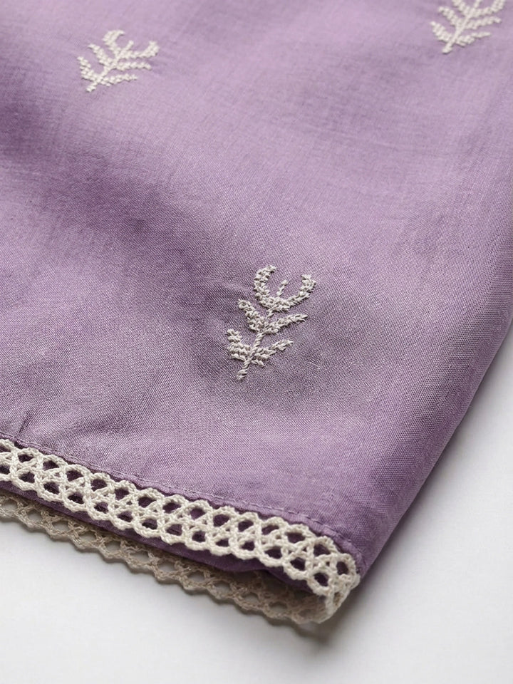 Purple Embroidered Chanderi Unstitched Suit &amp; Pant With Chanderi Dupatta