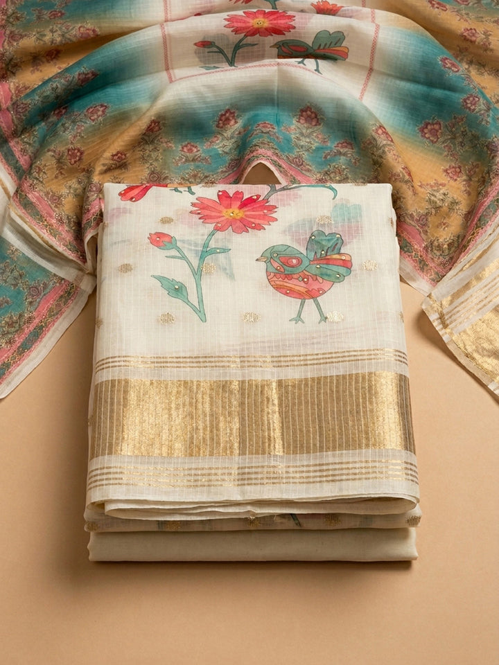 Off White Printed Chanderi Unstitched Dress Material