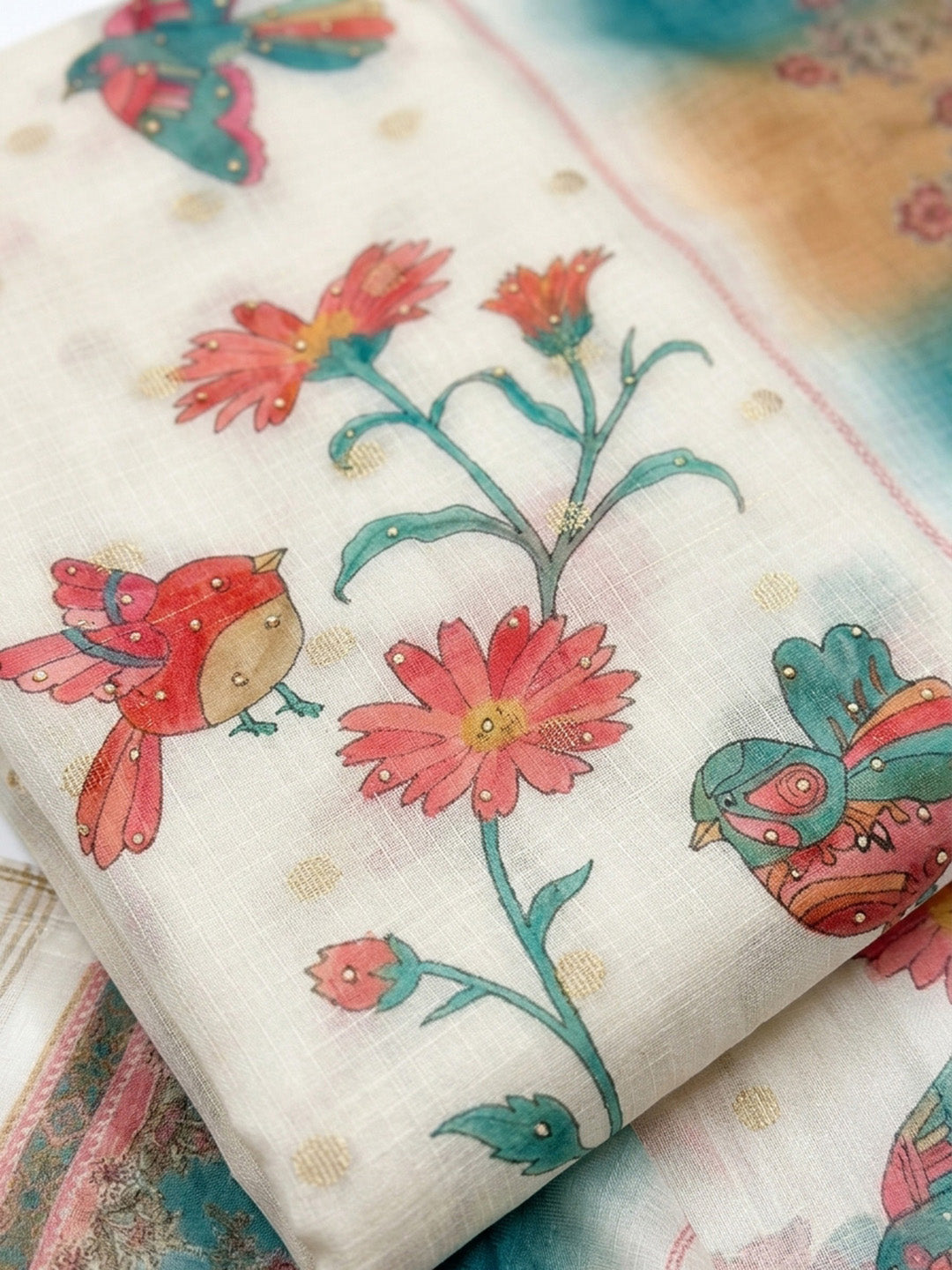 Off White Printed Chanderi Unstitched Dress Material