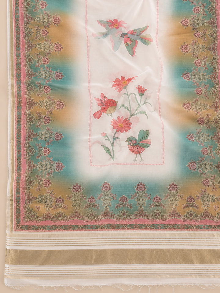 Off White Printed Chanderi Unstitched Dress Material