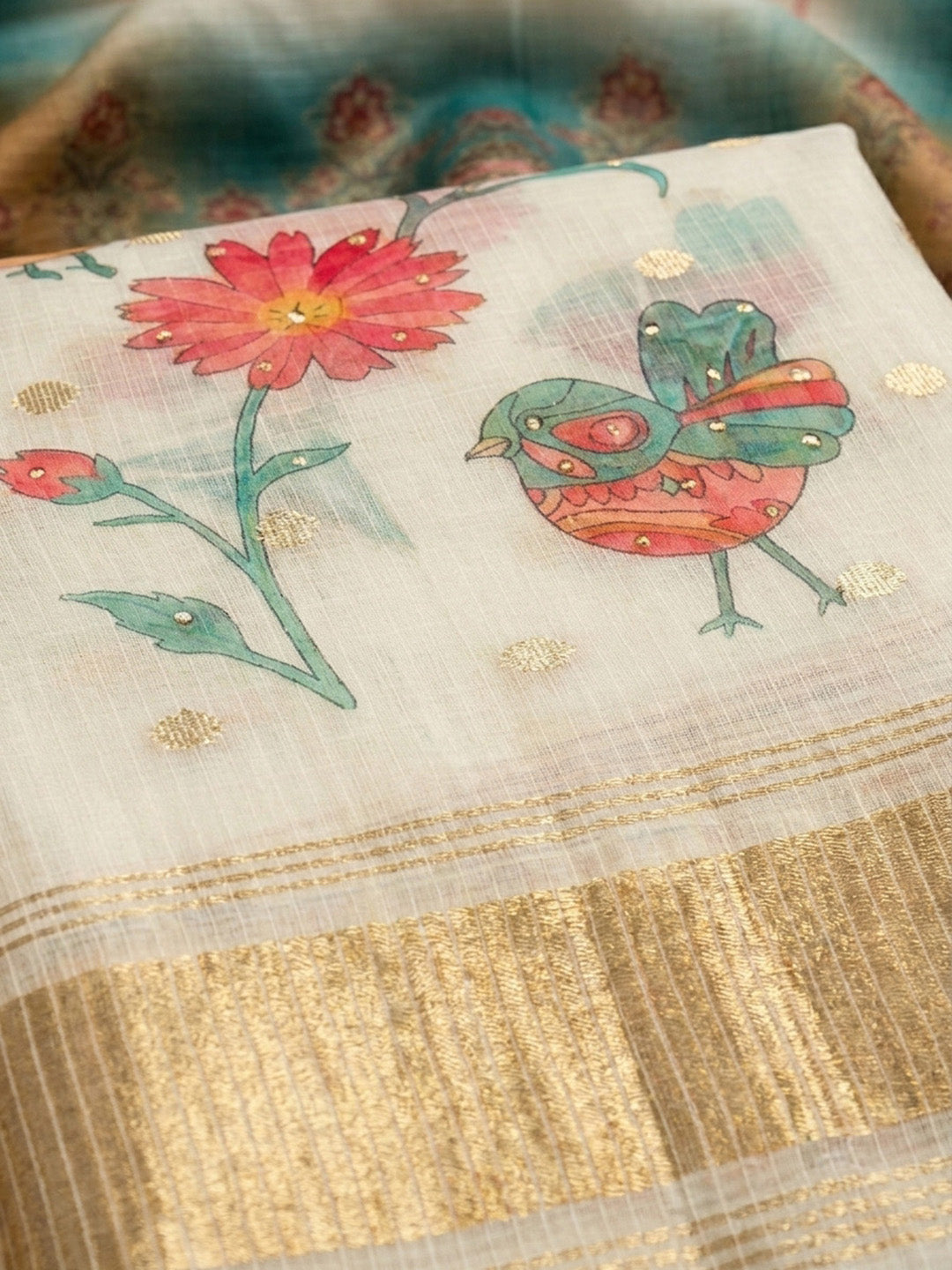 Off White Printed Chanderi Unstitched Dress Material
