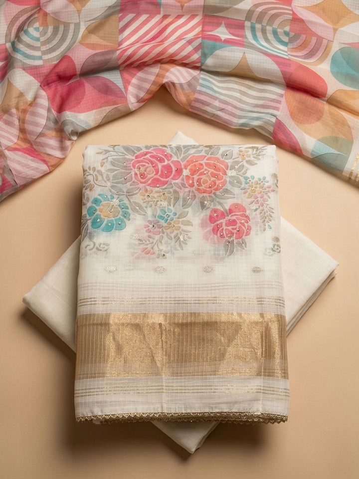 Off White Printed Chanderi Unstitched Dress Material
