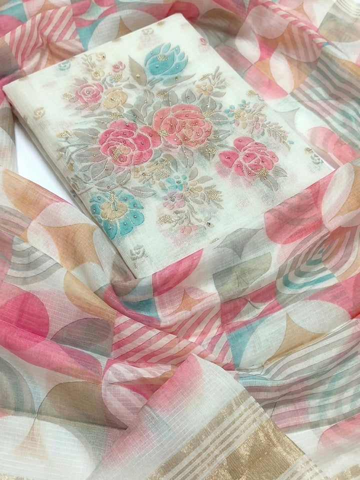 Off White Printed Chanderi Unstitched Dress Material