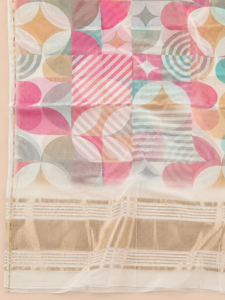 Off White Printed Chanderi Unstitched Dress Material