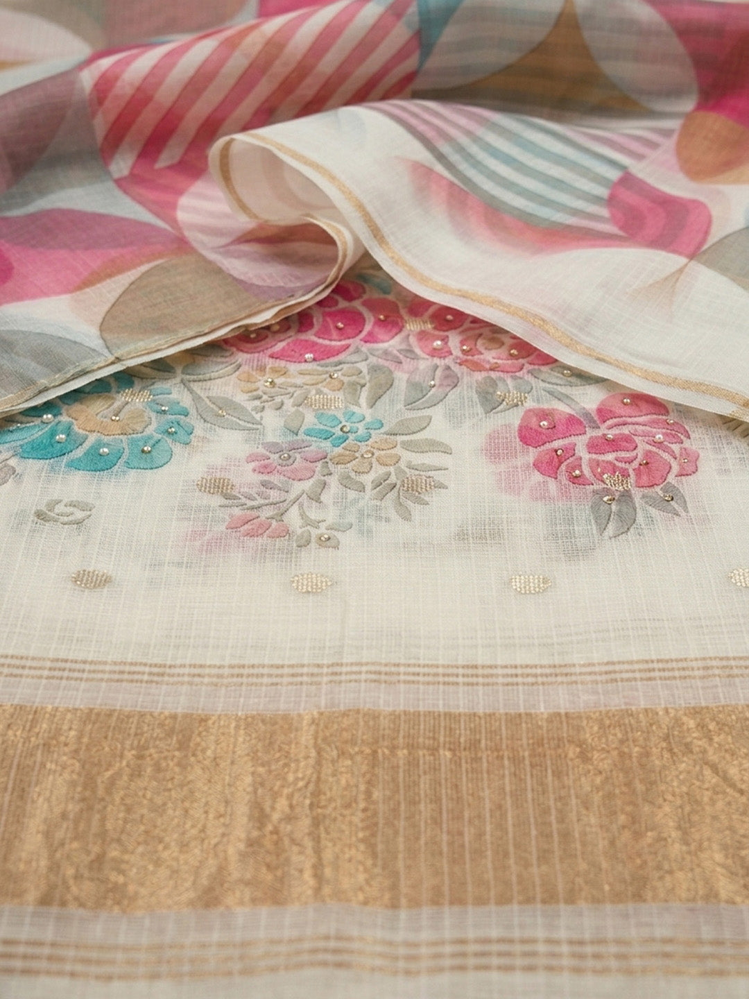 Off White Printed Chanderi Unstitched Dress Material