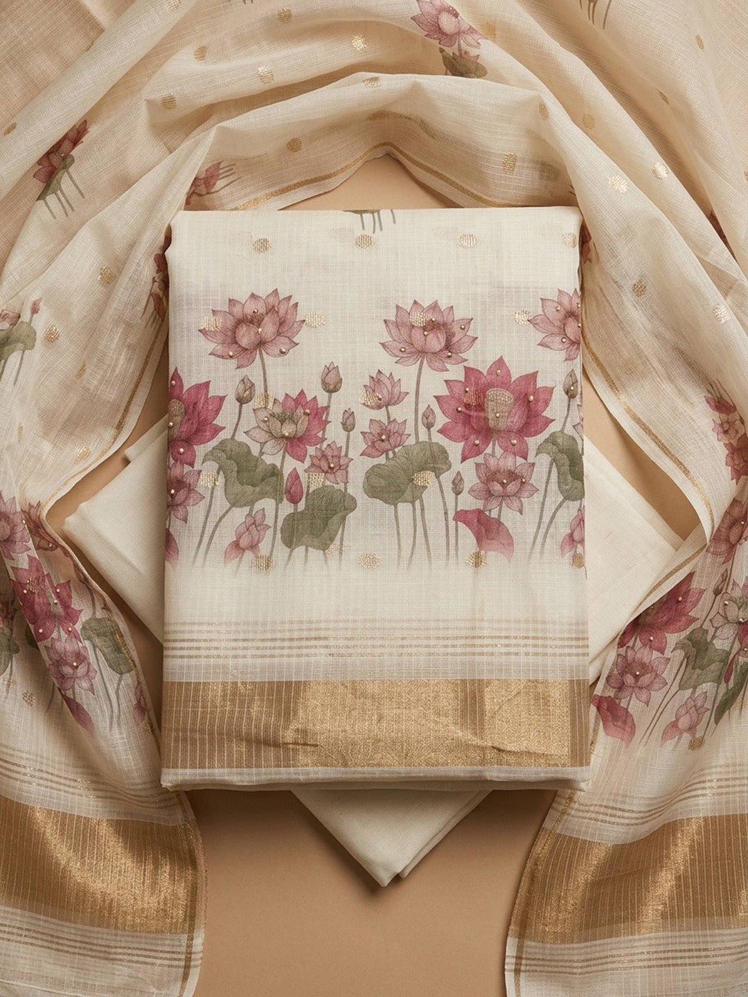 Off White Printed Chanderi Unstitched Dress Material