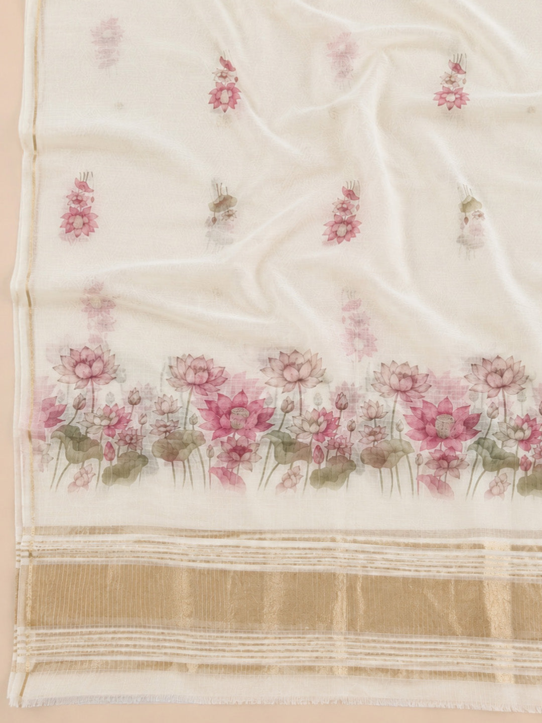Off White Printed Chanderi Unstitched Dress Material