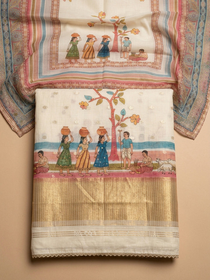 Off White Printed Chanderi Unstitched Dress Material
