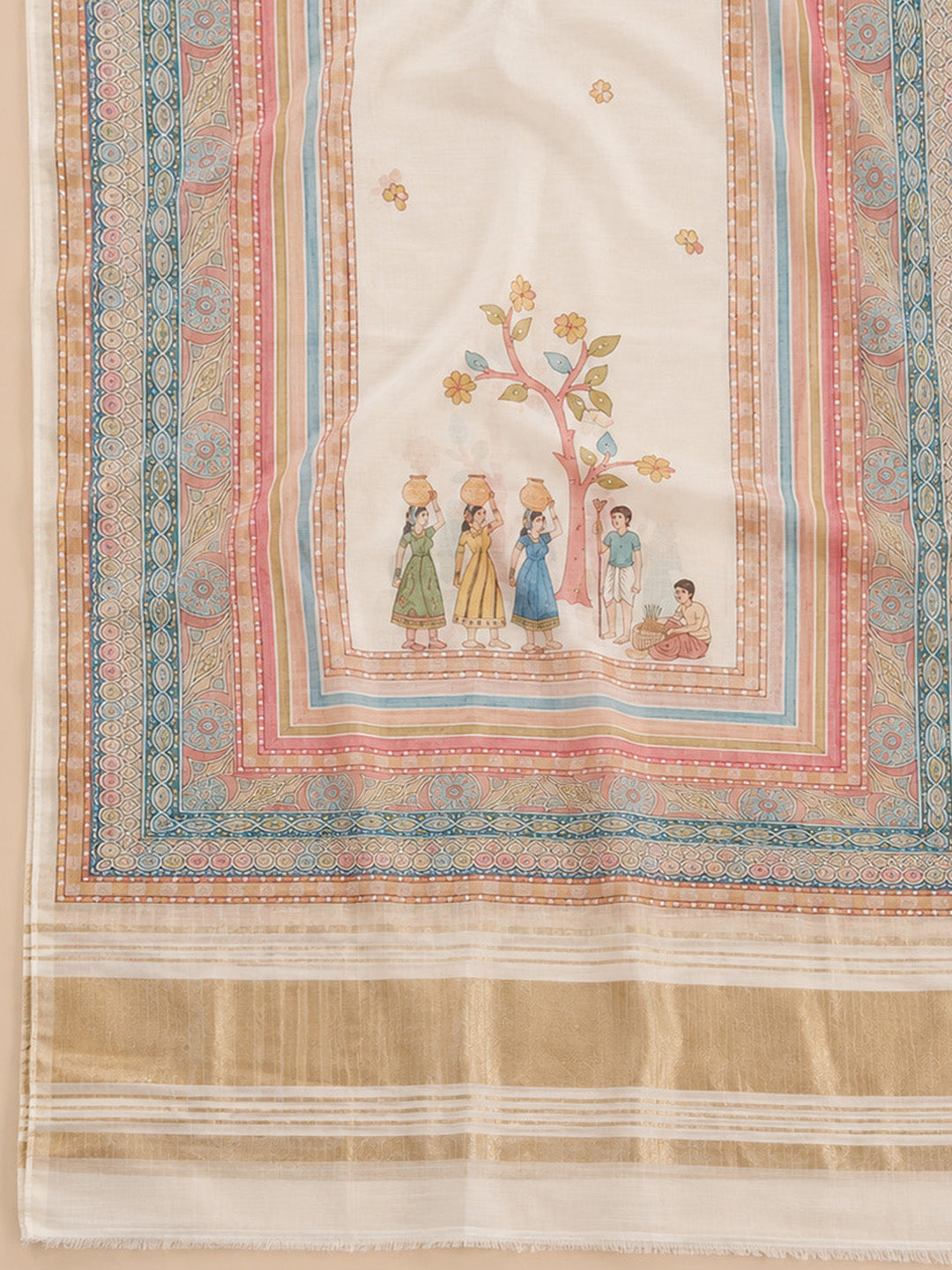 Off White Printed Chanderi Unstitched Dress Material