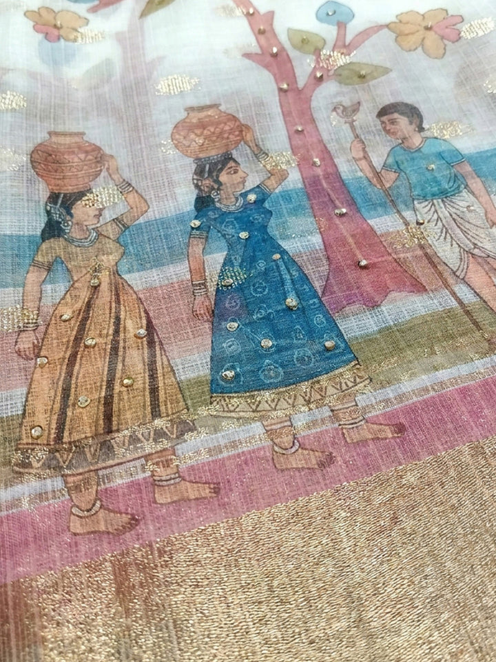 Off White Printed Chanderi Unstitched Dress Material