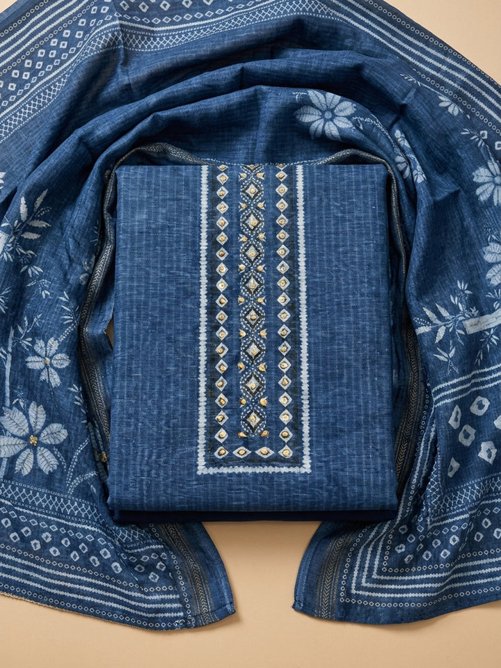 Blue Printed Linen Blend Unstitched Dress Material
