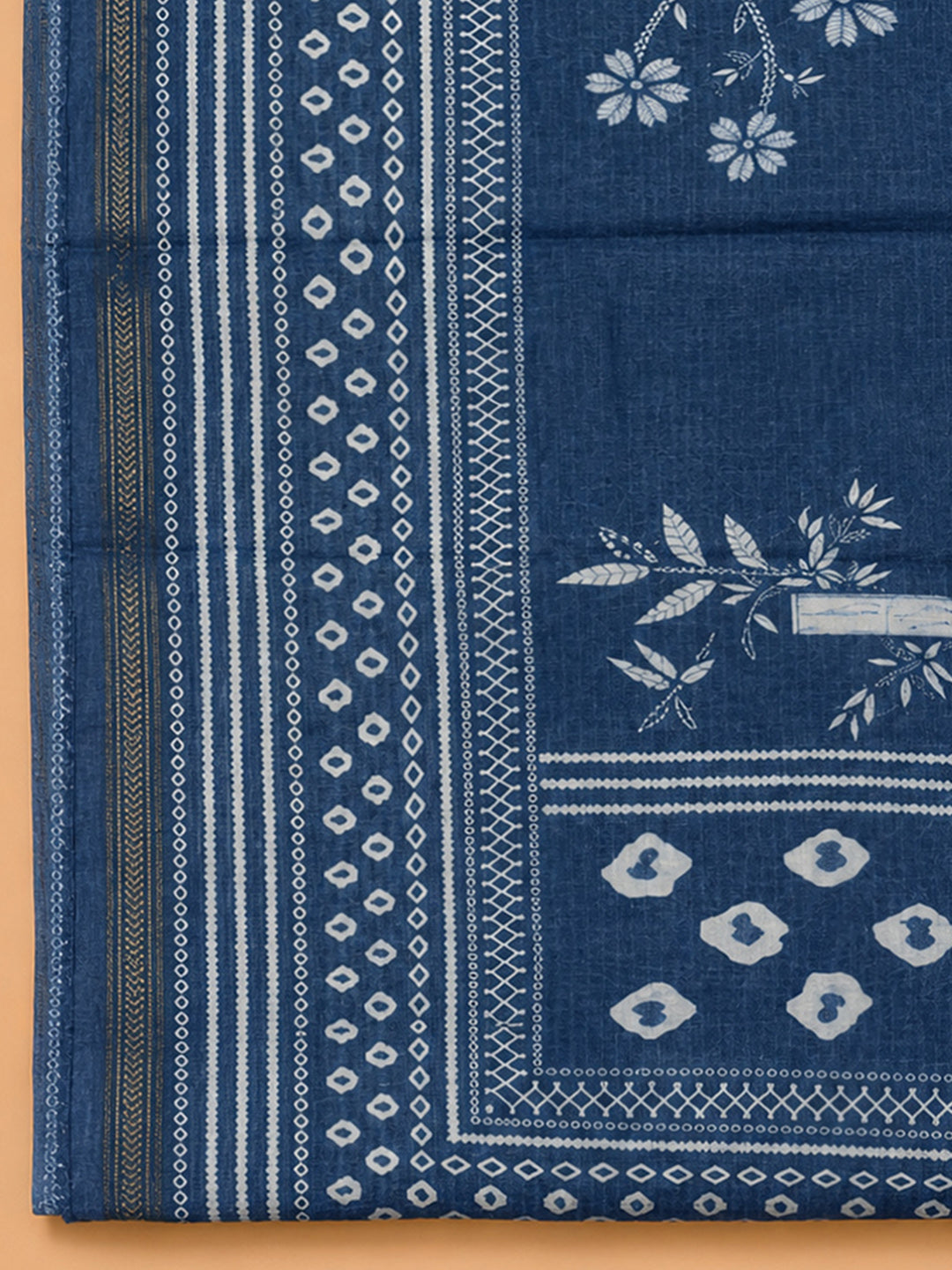 Blue Printed Linen Blend Unstitched Dress Material