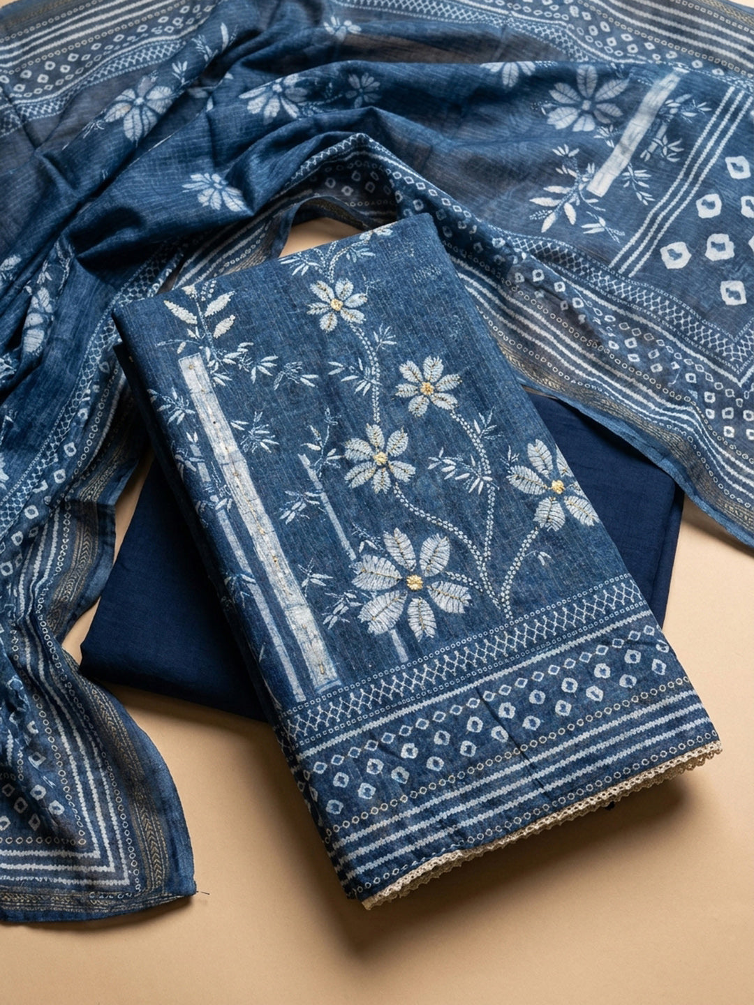 Blue Printed Linen Blend Unstitched Dress Material