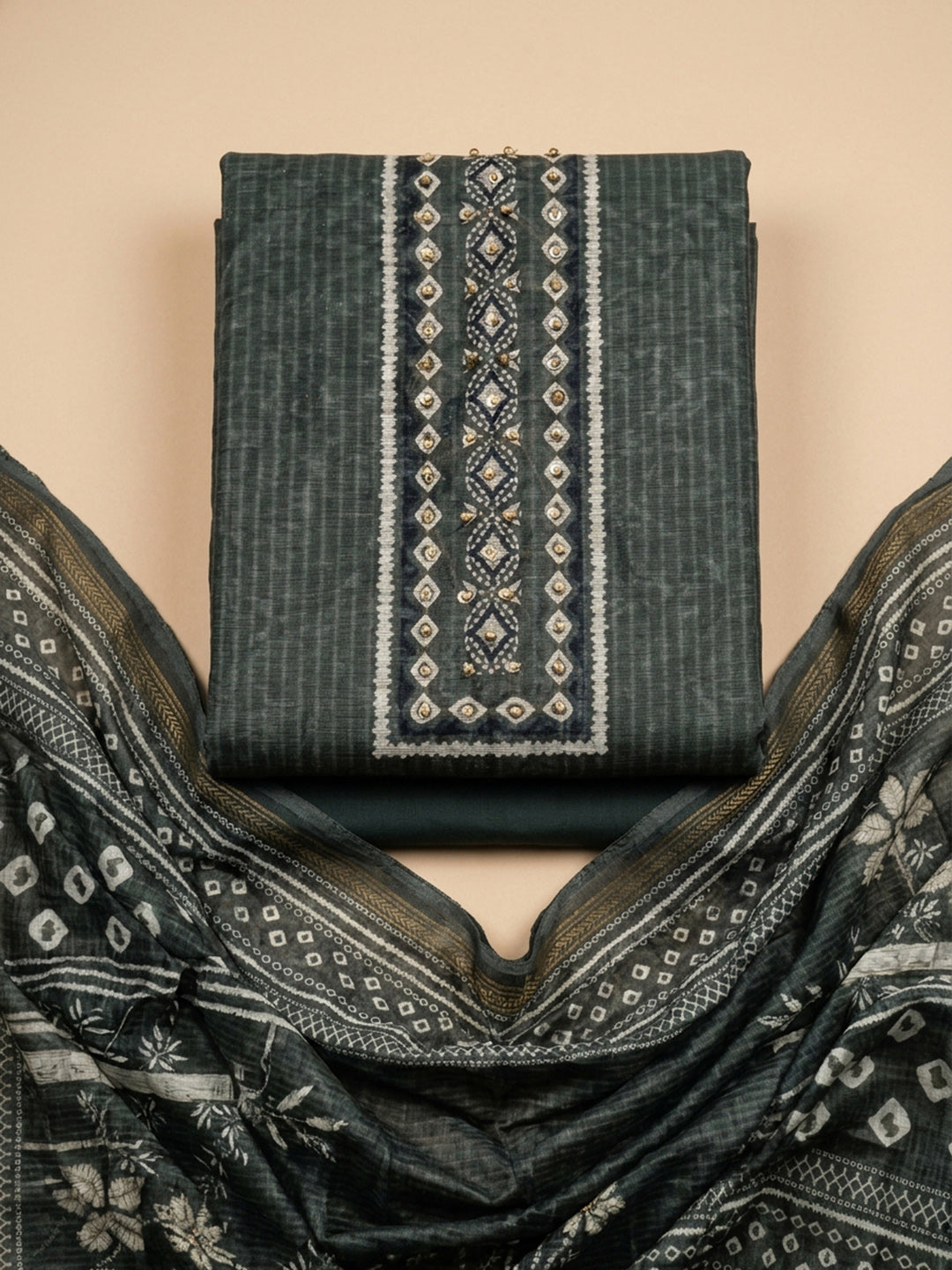 Grey Printed Linen Blend Unstitched Dress Material