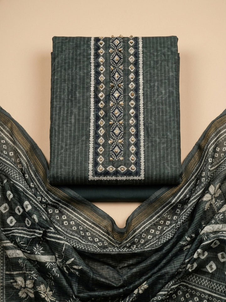 Grey Printed Linen Blend Unstitched Dress Material