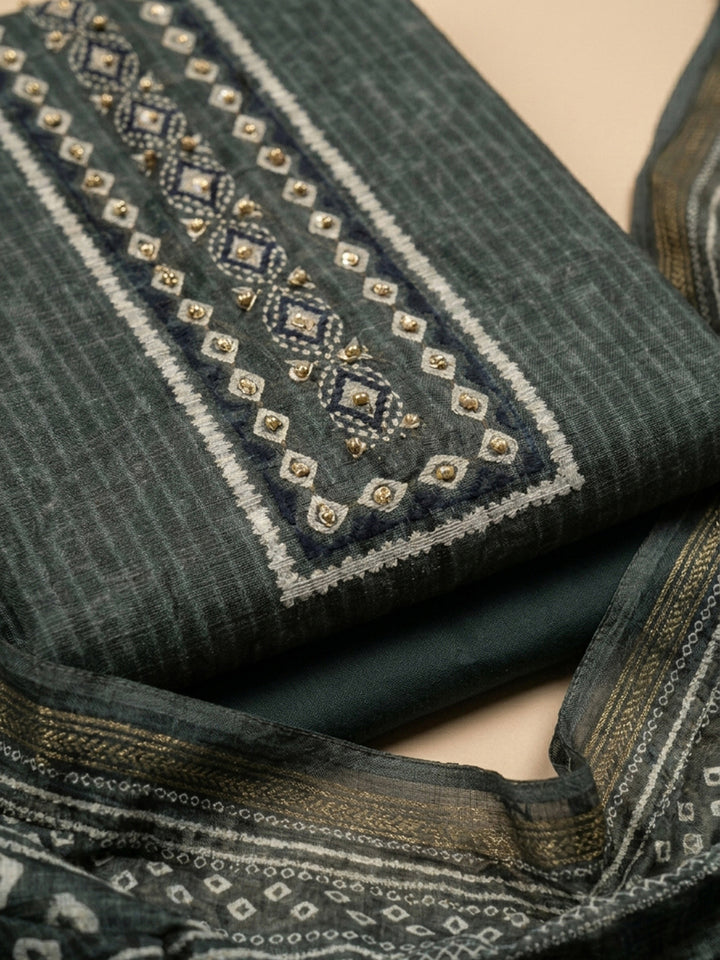 Grey Printed Linen Blend Unstitched Dress Material
