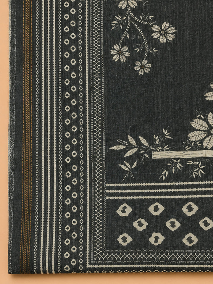 Grey Printed Linen Blend Unstitched Dress Material