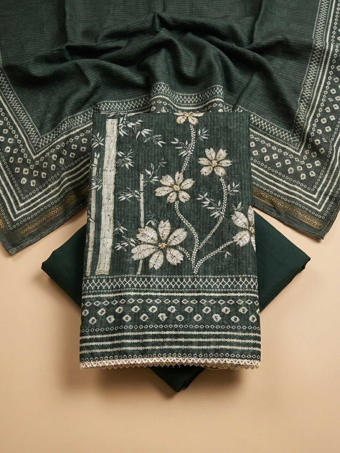 Grey Printed Linen Blend Unstitched Dress Material
