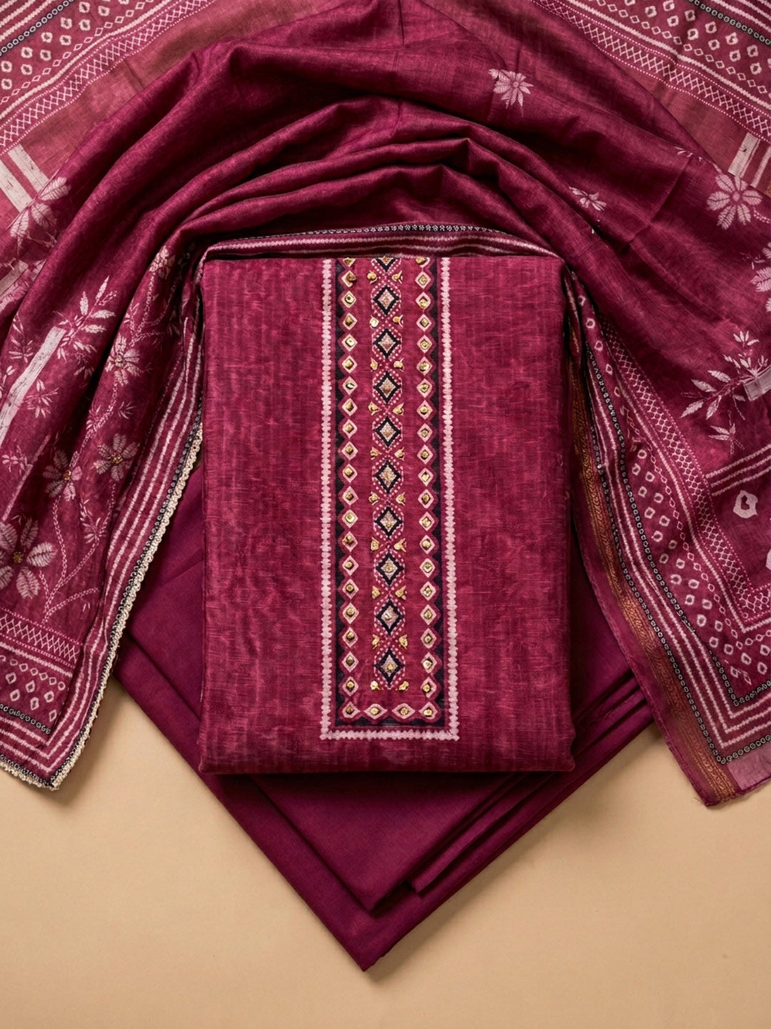 Onion Pink Printed Linen Blend Unstitched Dress Material