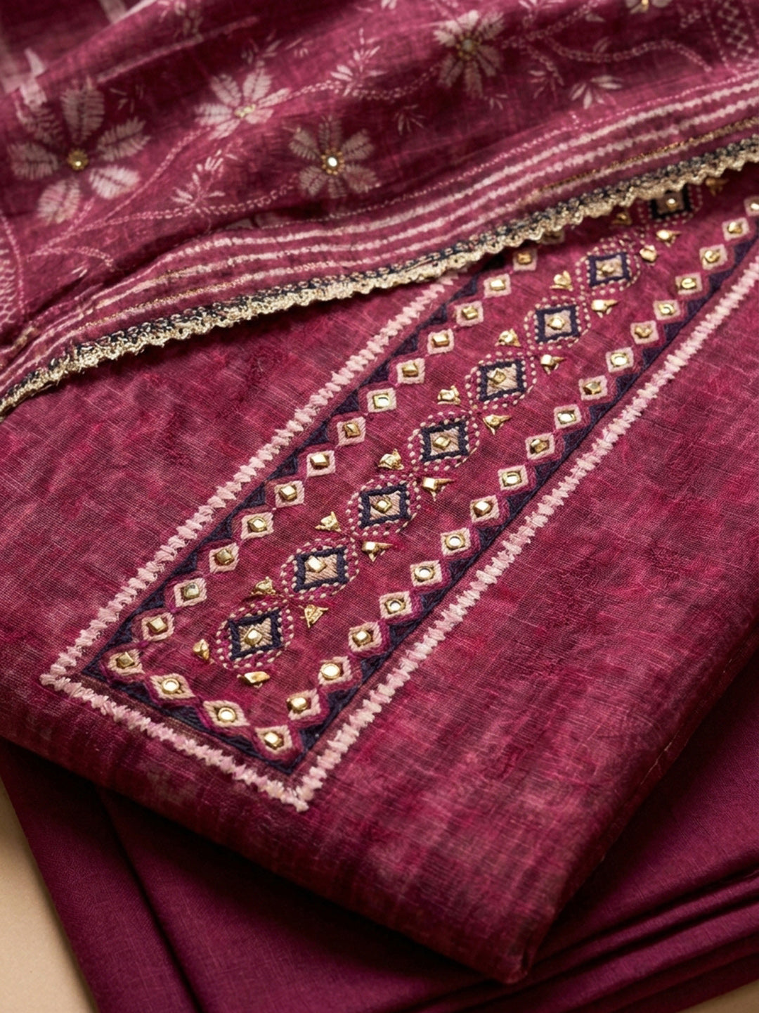 Onion Pink Printed Linen Blend Unstitched Dress Material