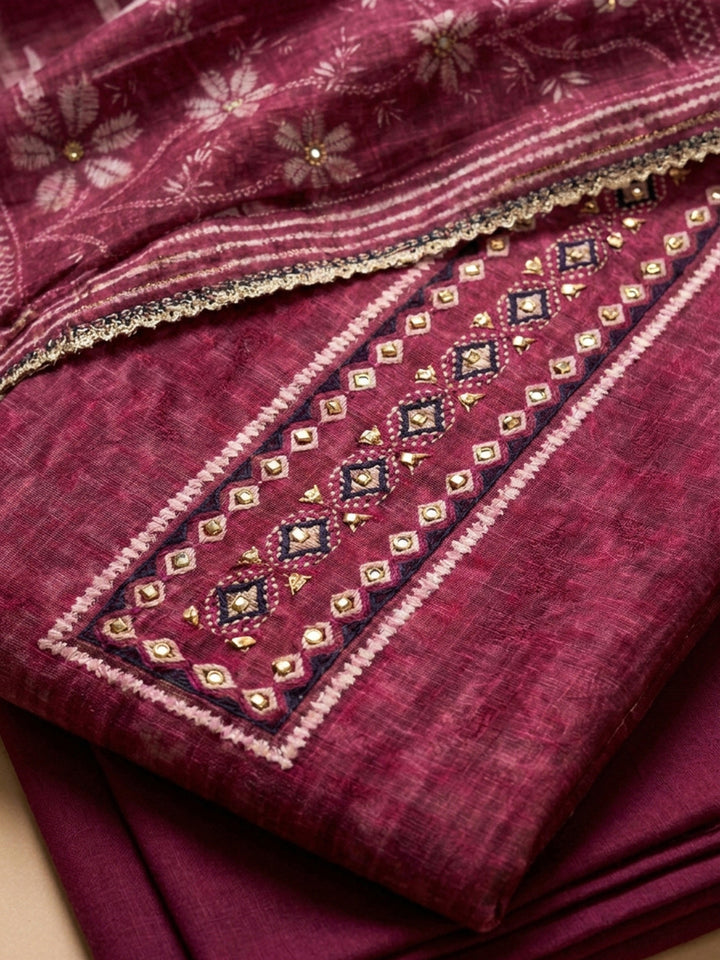 Onion Pink Printed Linen Blend Unstitched Dress Material