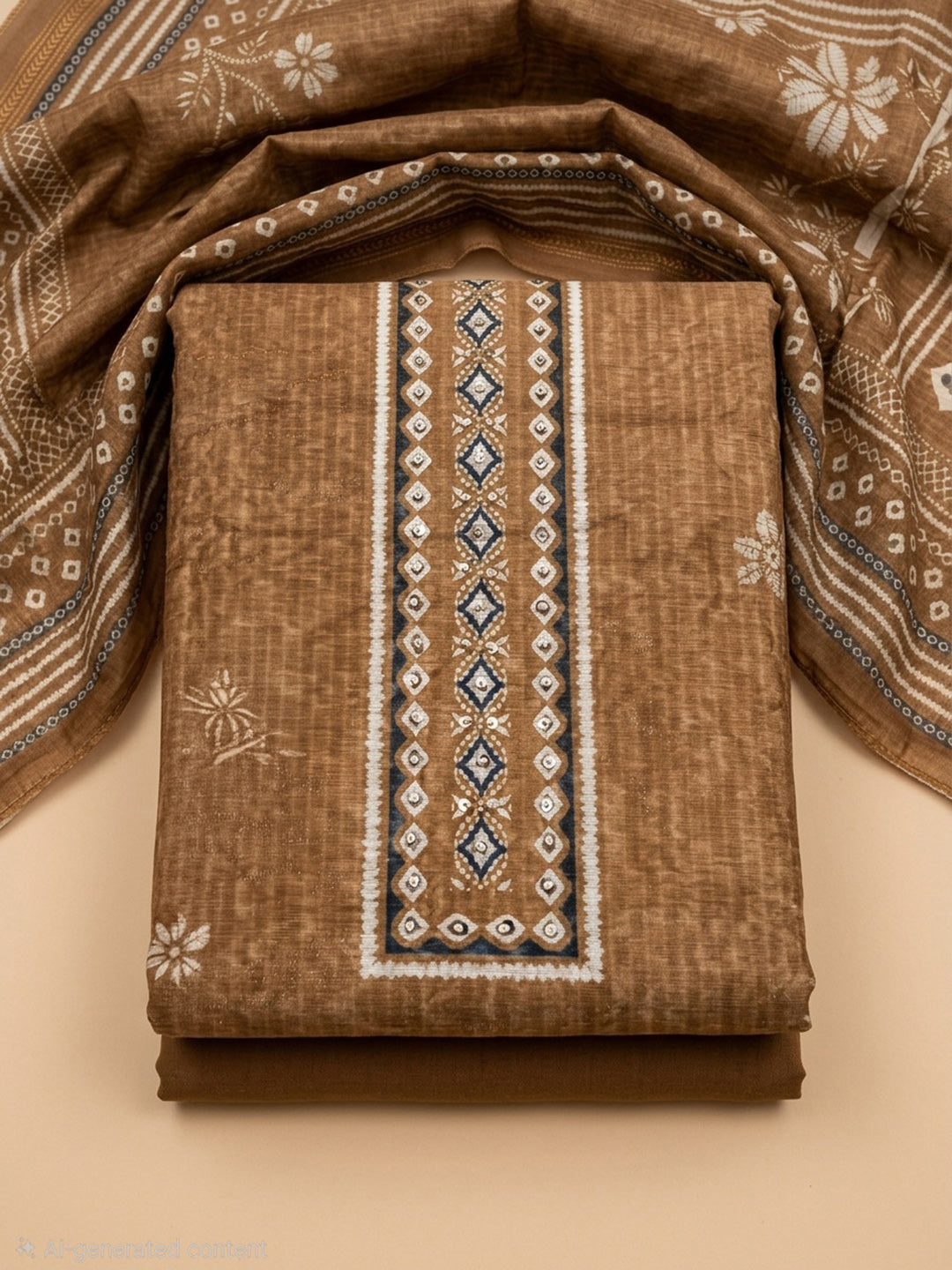 Rust Printed Linen Blend Unstitched Dress Material