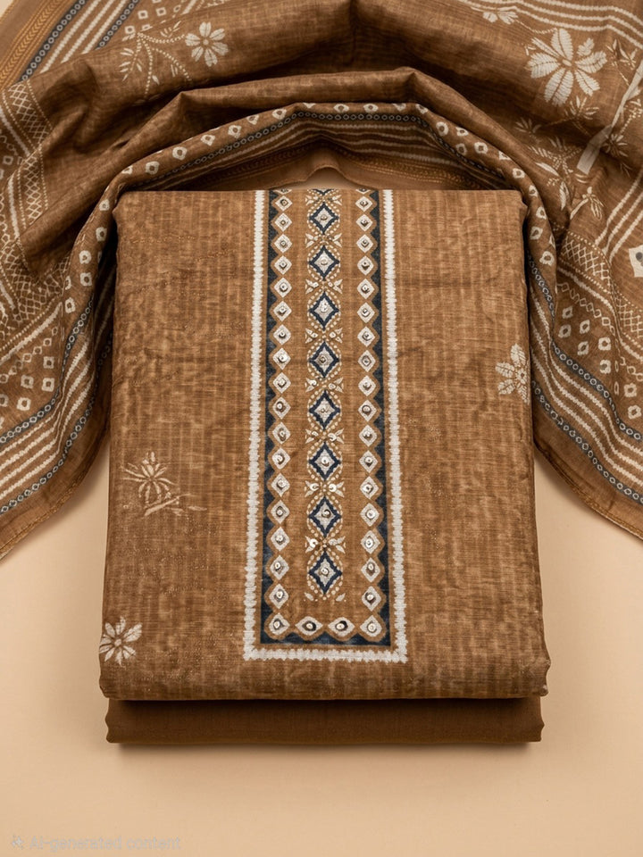 Rust Printed Linen Blend Unstitched Dress Material
