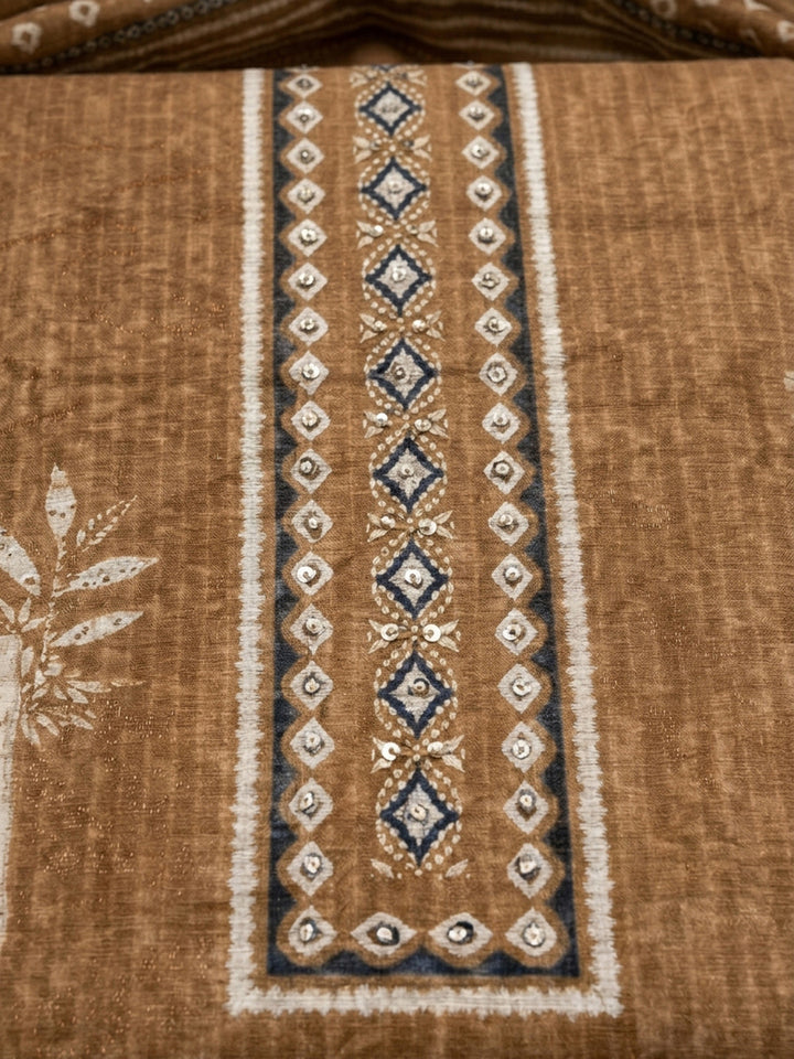 Rust Printed Linen Blend Unstitched Dress Material