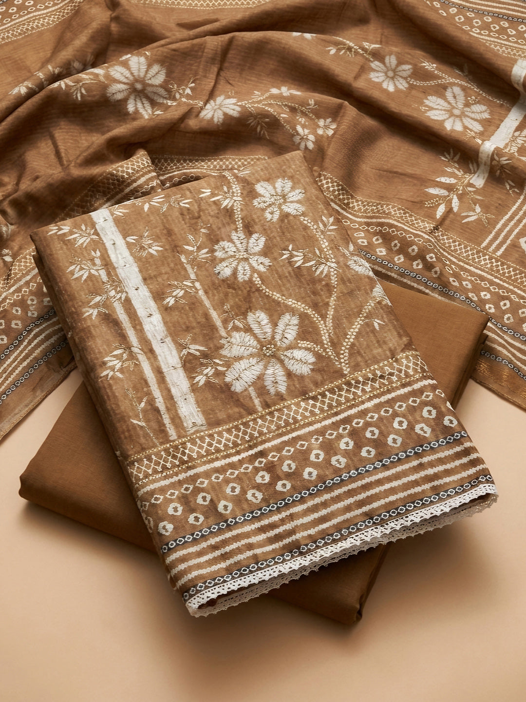 Rust Printed Linen Blend Unstitched Dress Material